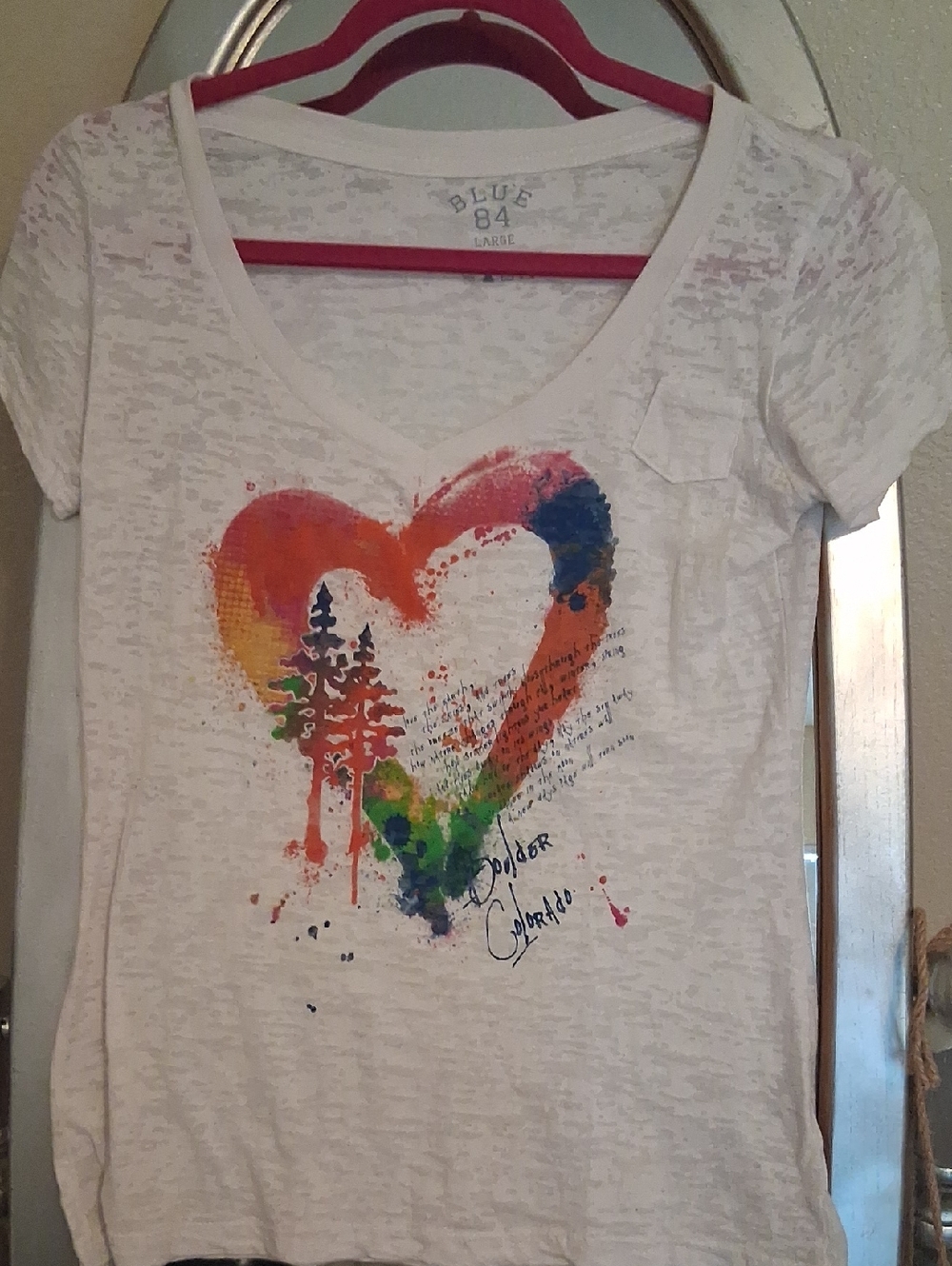 Blue 84 White V-Neck Tee with Watercolor Heart From Boulder CO